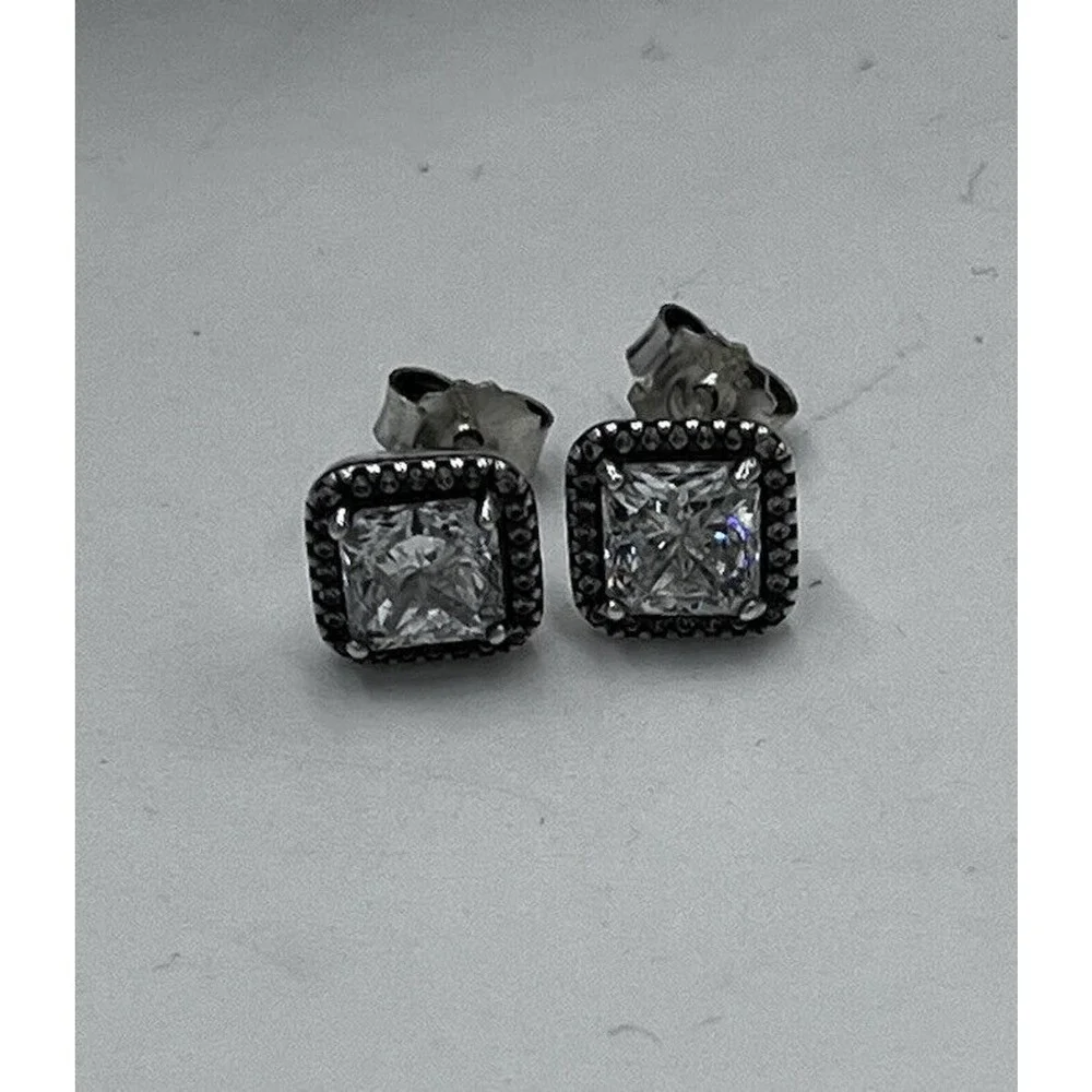 Pandora Timeless Elegance Sterling Silver Square Halo CZ Sparkle Stud Earrings
